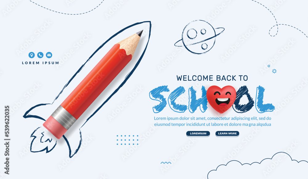 Naklejka premium Back to School background with Red pencil rocket launching to space. Online learning and Web page template, Digital Education concept