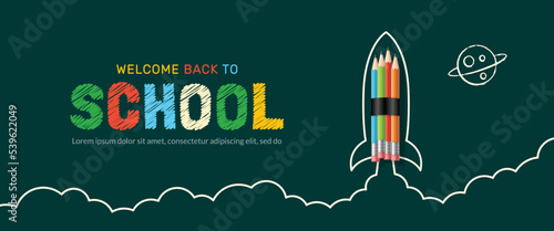 Pencil Rocket launching to space banner, Back to School background, Online learning and Web page template