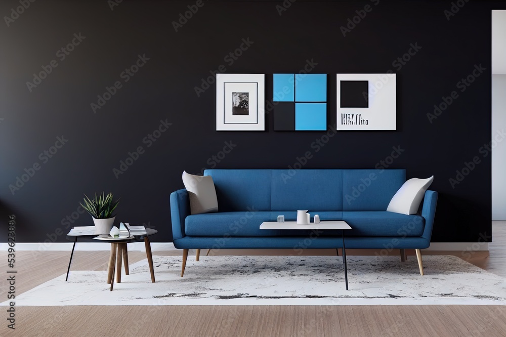 living-room-interior-with-black-walls-a-square-poster-a-blue-sofa