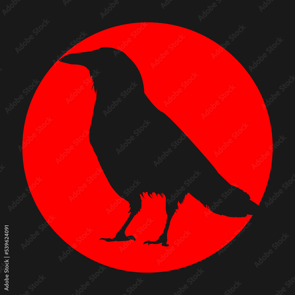 Fototapeta premium black crow with a red circle behind on a black space