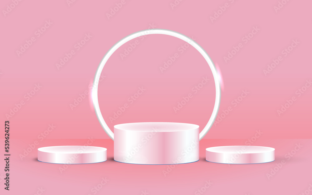 three pink realistic 3d cylinder pedestal podium with circle neon lamp background. Abstract vector rendering geometric forms. Minimal scene. Stage showcase, Mockup product display. three pink realistic 3d cylinder pedestal podium with circle neon lamp background. Abstract vector rendering geometric forms. Minimal scene. Stage showcase, Mockup product display.