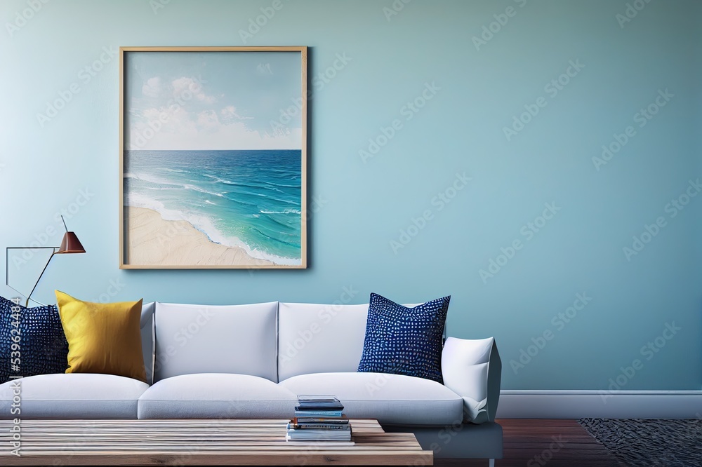 Mockup frame, wall in interior background, Coastal style, 3d render Mockup frame, wall in interior background, Coastal style, 3d render