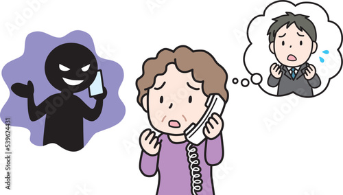 オレオレ詐欺の電話を受ける高齢女性	