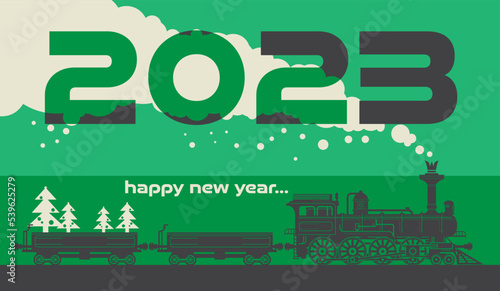 New Year card with a vintage steam locomotive train. Vector illustration