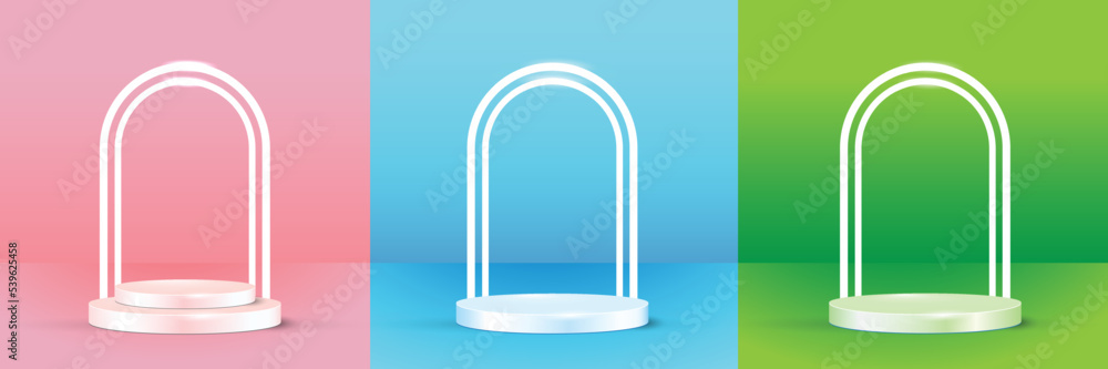 Set of white realistic 3d cylinder pedestal podium with pastel yellow, blue and pink in semi circle backdrop. Abstract vector rendering geometric platform. Product display presentation. Minimal scene. Set of white realistic 3d cylinder pedestal podium with pastel yellow, blue and pink in semi circle backdrop. Abstract vector rendering geometric platform. Product display presentation. Minimal scene.
