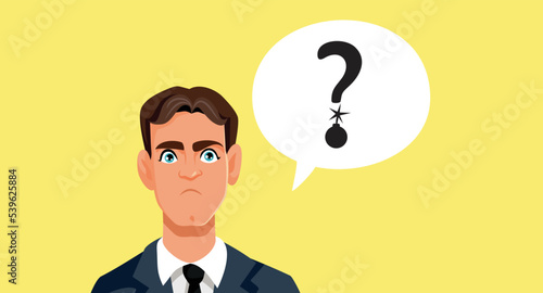 Upset Businessman Having Serious Questions Vector Cartoon Illustration. Angry frustrated office worker wondering feeling annoyed 