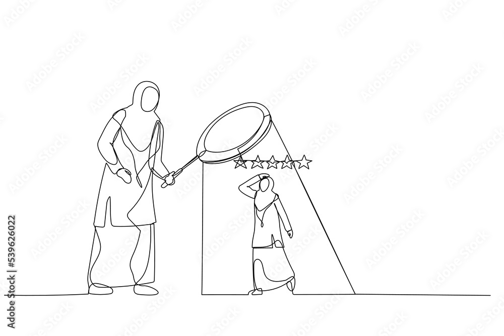 Cartoon of muslim woman manager use magnifier to analyze employee with 5 stars rating. Metaphor for employee performance evaluation. One line style art