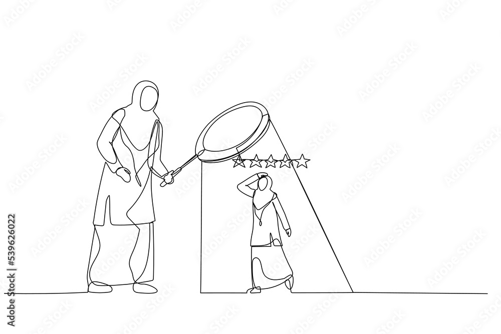 Cartoon of muslim woman manager use magnifier to analyze employee with 5 stars rating. Metaphor for employee performance evaluation. One line style art Cartoon of muslim woman manager use magnifier to analyze employee with 5 stars rating. Metaphor for employee performance evaluation. One line style art
