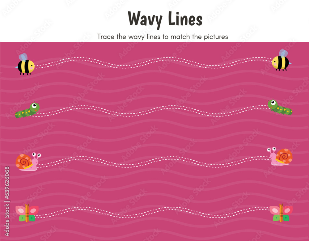 Preschool worksheet, trace the wavy lines. Vector Illustration