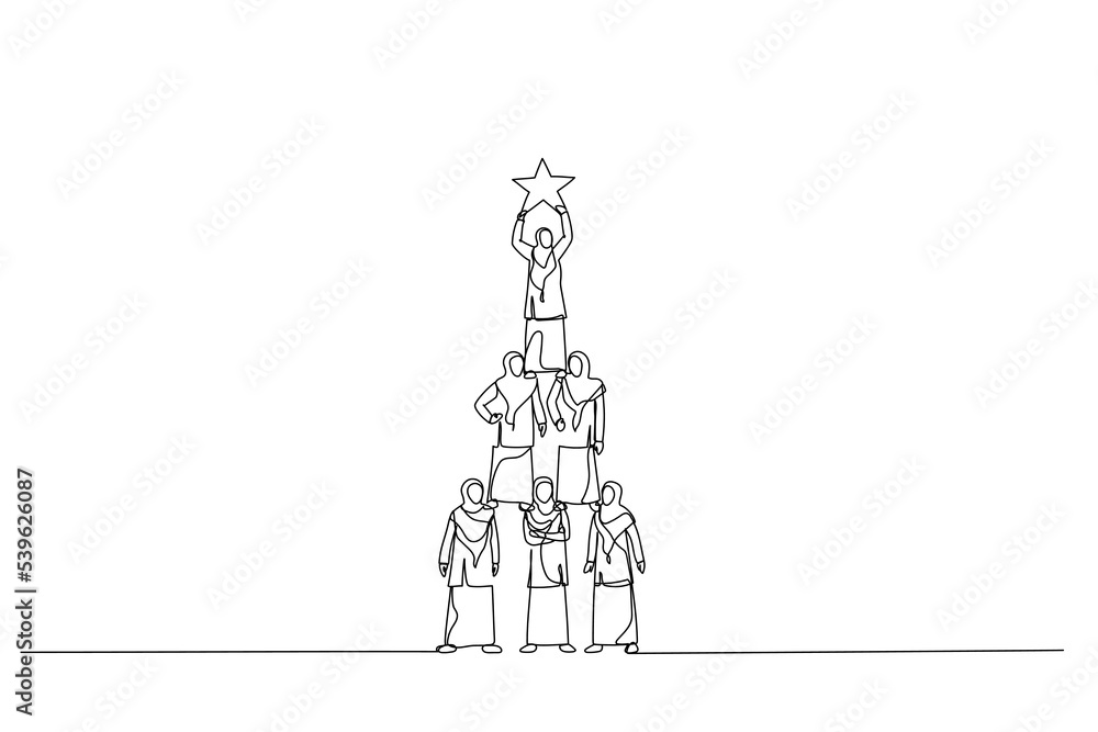 Illustration of teamwork muslim woman pyramid to reach star. Single continuous line art style