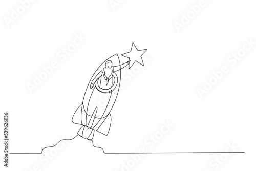 Illustration of muslim woman riding fast rocket to catch golden star. Metaphor for Innovation. Single continuous line art