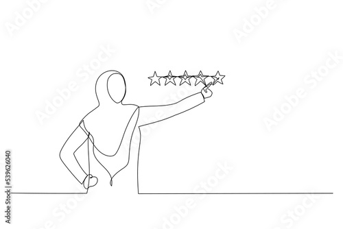 Cartoon of muslim woman giving 5 stars rating. Metaphor for best quality. Continuous line art style