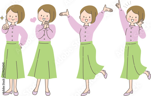 元気な女性のポジティブな表情セット_全身