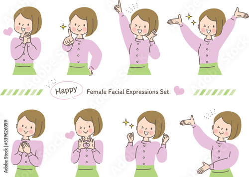 元気な女性のポジティブな表情セット_上半身