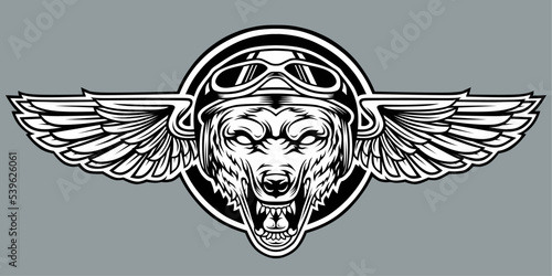 Wolf head logo with additional object one pair of bird wings and helmet for motorcycle. Vector inspiration. Design element for logo,community logo,tshirt,emblem,poster. Vector illustration.