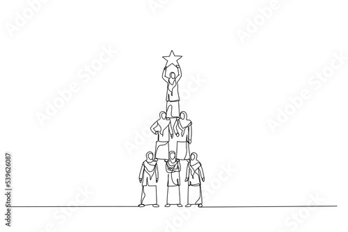 Illustration of teamwork muslim woman pyramid to reach star. Single continuous line art style