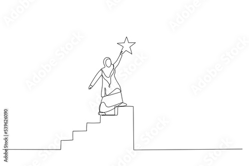 Drawing of muslim woman climb up stair to the top to reaching to grab precious star reward. Concept of accomplishment. One line art style