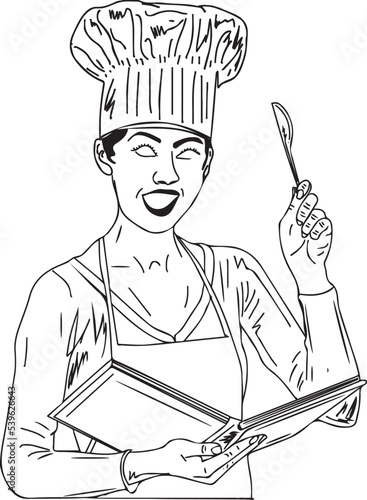 Woman chef wearing hat holding spoon and holding recipes book, continuous outline vector illustration of thinking woman in apron reading cook book, woman chef sketch drawing, chef clip art and symbol