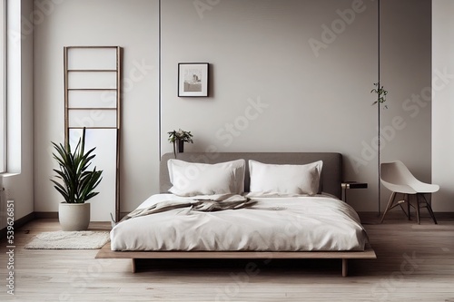 bedroom furniture set. Interior design home elements collection.mood board, designer, danish, scandinavian, modern, realistic.bed, plant, tripod lamp, armchair, rug.contemporary botanical style.