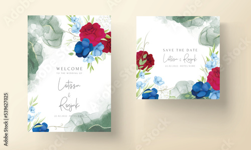 beautiful maroon and navy flower wedding invitation card © mariadeta