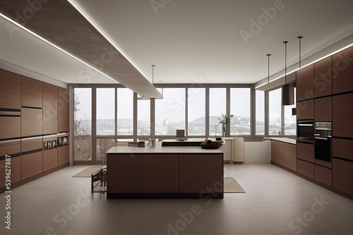 Modern Kitchen with lights on and daylight views. photo