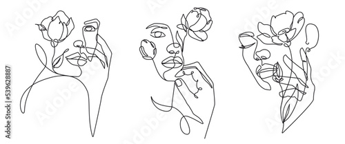 Woman Face with Flowers One Line Drawing Set. Female Floral Art Minimalist Style. Botanical Nature Trendy Symbol for Cosmetics. Continuous Line Art Fashion Minimal Print. Beauty Logo. Vector EPS 10