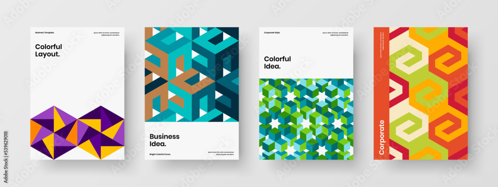 Fresh corporate brochure design vector concept collection. Colorful geometric hexagons journal cover template bundle.