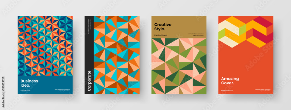 Unique geometric tiles flyer template composition. Premium booklet A4 design vector illustration bundle.