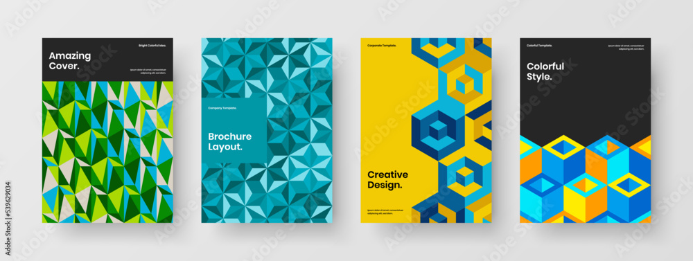 Naklejka premium Vivid company cover A4 design vector illustration composition. Modern geometric tiles poster layout bundle.