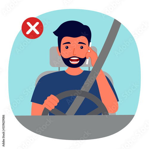 Man driving car talking on phone with stop sign in flat design.