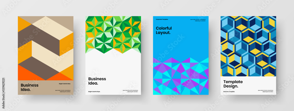Amazing mosaic shapes corporate brochure illustration composition. Clean annual report A4 vector design template set.