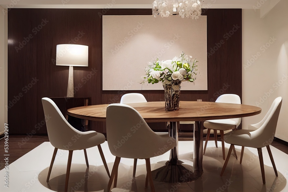 Stylish and modern dining room interior with design wooden sharing table, chairs, glamour decoration and elegant accessories. Flowers in vase. Template. Interior design. Home decor. Stylish and modern dining room interior with design wooden sharing table, chairs, glamour decoration and elegant accessories. Flowers in vase. Template. Interior design. Home decor.