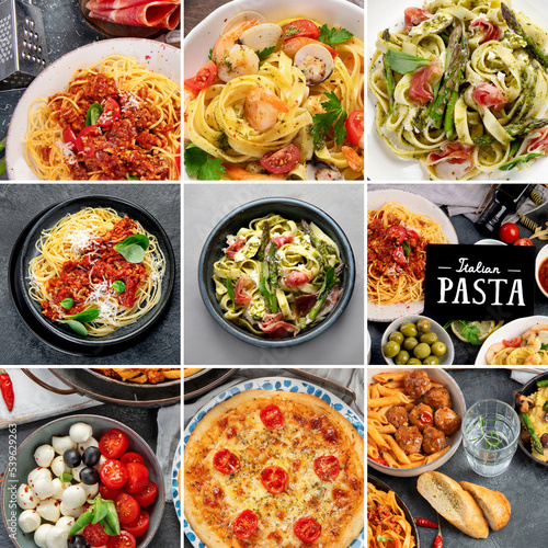 Collage made of Italian pasta assortment.