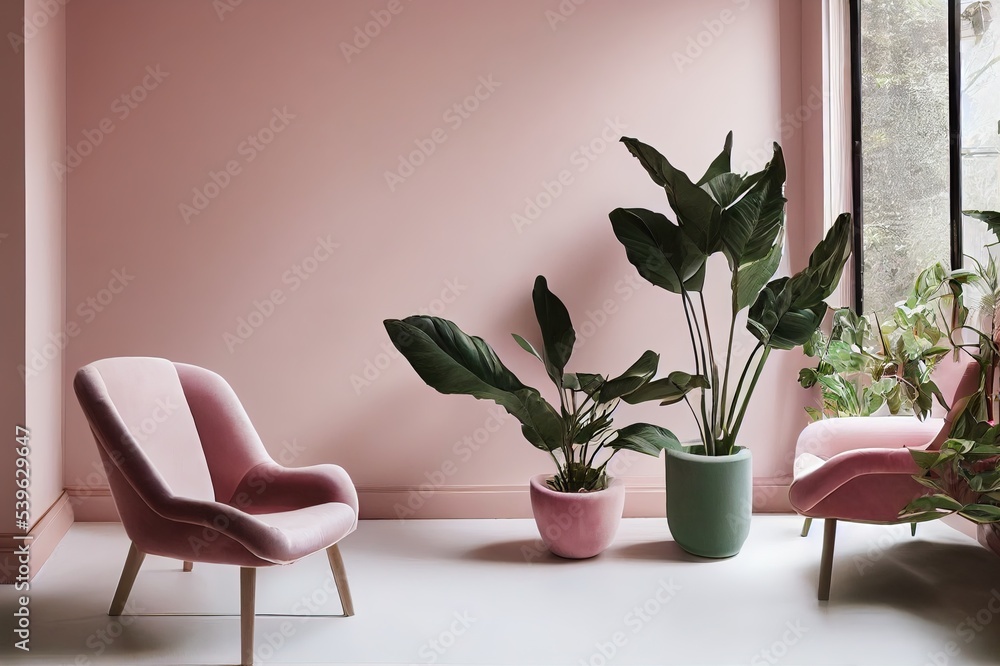 Minimalistic and luxury pastel pink home interior with green velvet design armchair, plants and mirror