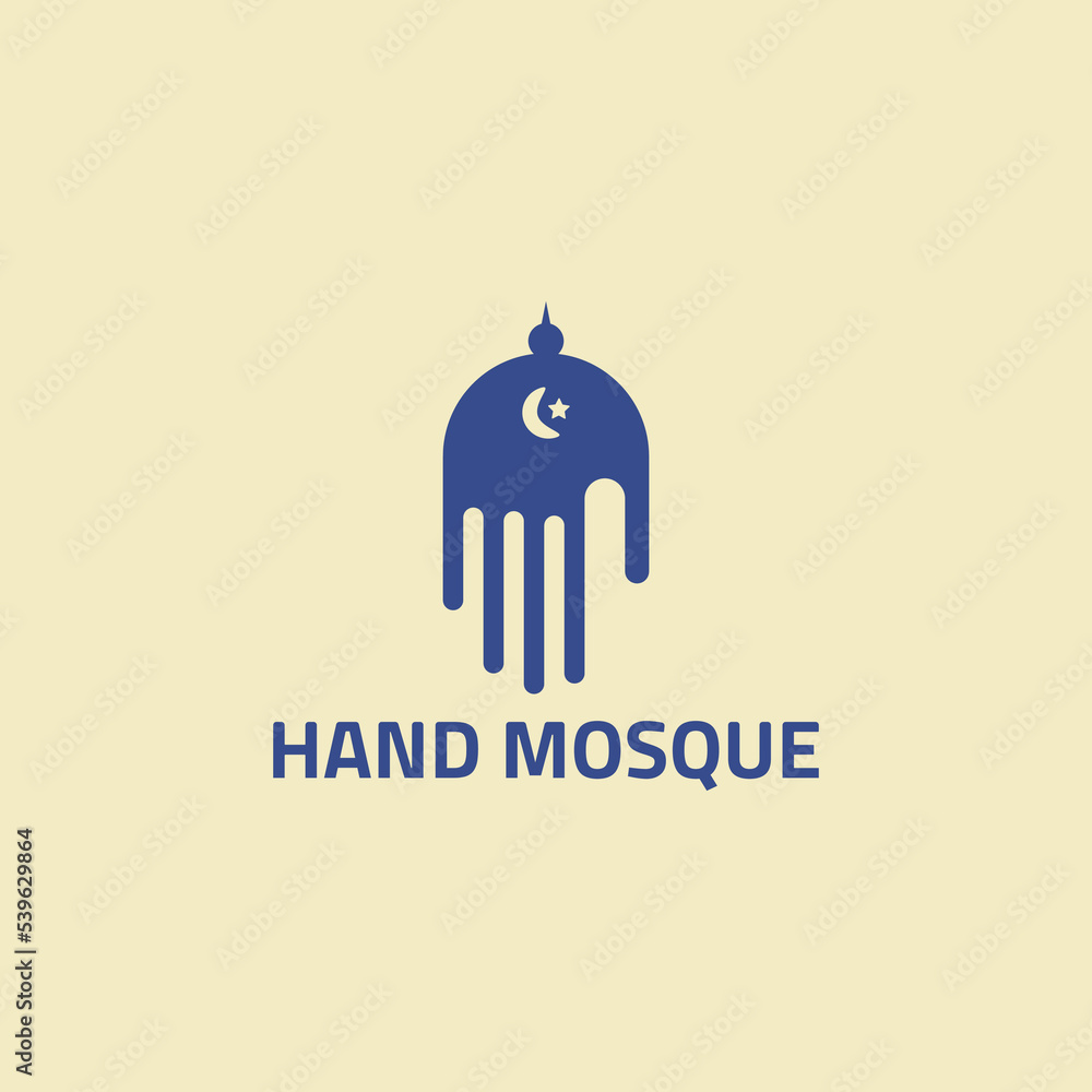 Blue hand logo with negative space of a mosque. Blue hand logo with negative space of a mosque.