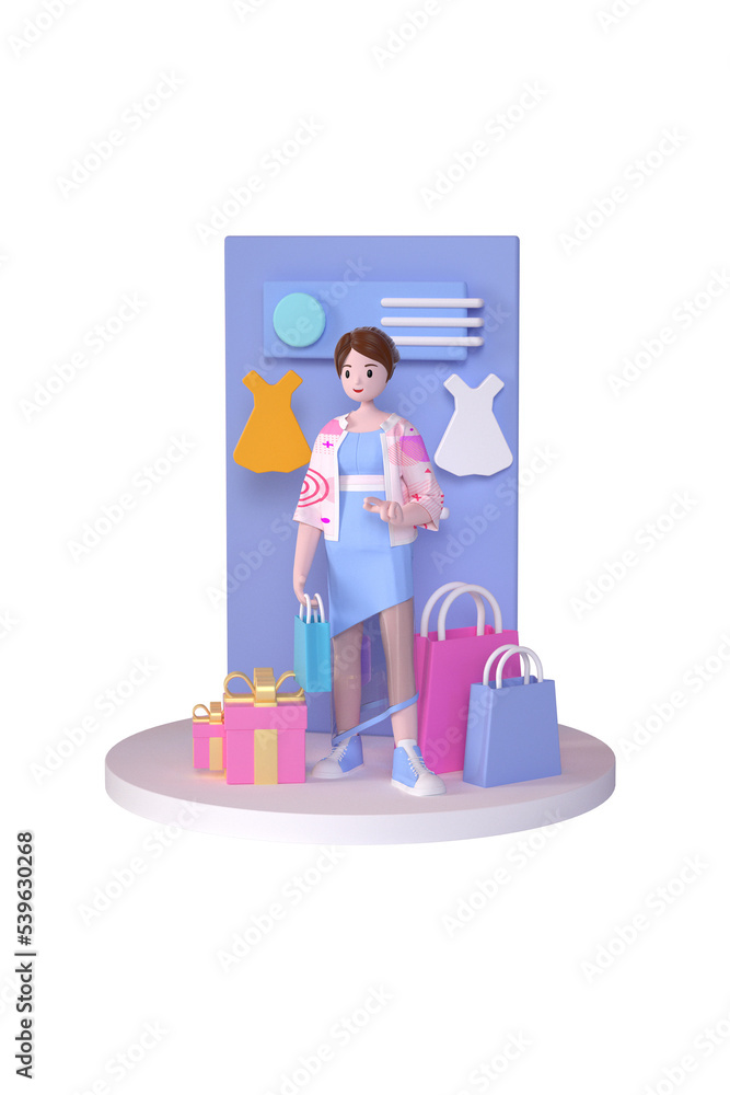 3D Girl standing with their shopping bags and clothes. Online shopping concept