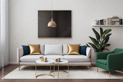 Luxury interior with stylish chair, wooden commode, mock up poster frame, plants, gold decoration and elegant personal accessories. Modern living room in classic house. Template.