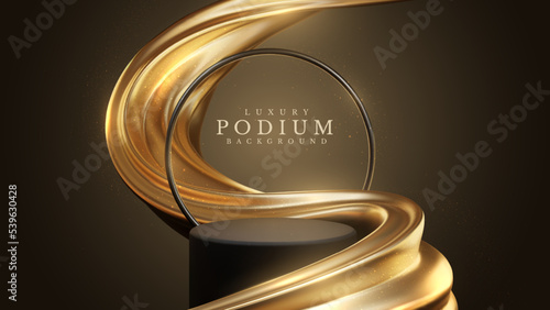 Luxury background with product display podium with black rings frame and gold liquid elements with glitter light effects decorations and bokeh. Vector illustration.