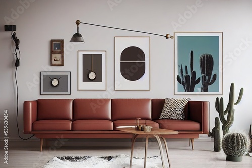 Stylish retro scandinavian living room interior with wooden commode, mock up poster frames, chiar, design stool, cacti, lamp, clock, book, decoration and personal accessories in home decor. Template.