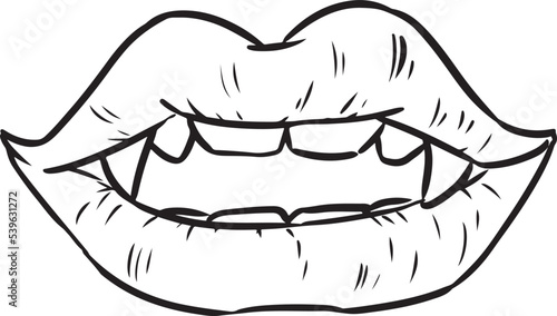 Vampire mouth doodle. Open red sexy lips comic style image. Halloween spooky hand drawn element isolated on white background. Vector graphic illustration for stickers, prints, laser cut files