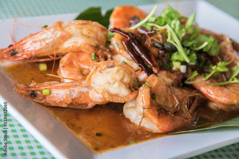 Stir-fried shrimp with basil stock photo
