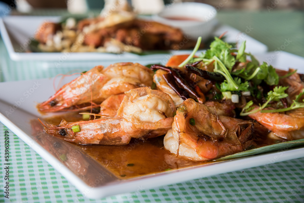 Stir-fried shrimp with basil stock photo

