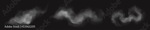 Realistic smoke clouds, white cigarette steam, speed trail or dust, flow mist, puff, smog or haze isolated design elements on black background. Steaming fire or fog fume, 3d Vector illustration, set