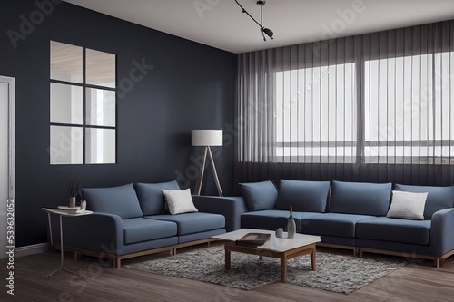 Modern vintage interior of living room, gray sofa with wood armchair and cofee table on concrete floor tiles and dark blue wall,3d rendering © 2rogan