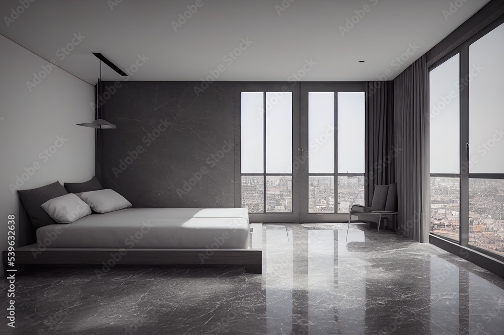 Grey and wooden sleeping room, bed on grey marble floor, side view. Minimalist design of bedroom with wardrobe and windows with city view, 3D rendering no people Grey and wooden sleeping room, bed on grey marble floor, side view. Minimalist design of bedroom with wardrobe and windows with city view, 3D rendering no people