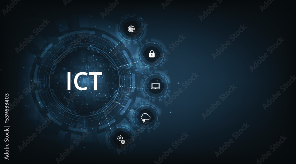 ICT- Information and communication technology concept.Information and communication technology on dark blue background.Wireless communication network. Intelligent system automation.