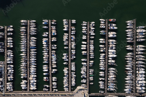 Aerial view of boats moored in the tourist port of Viareggio Italy © fotografiche.eu