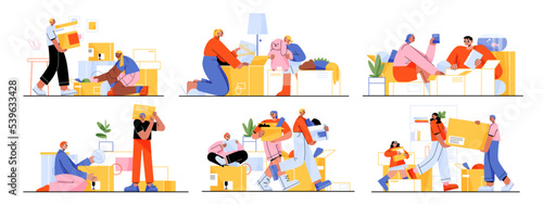 Happy family moving into new house, people relocation. Mother, father and children load, carry boxes and things to home. Characters buying real estate apartments, Line art flat vector illustration