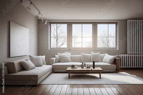 Beige minimalist living room interior with sofa on a wooden floor, decor on a large wall, white landscape in window. Home nordic interior. 3D illusttration © 2rogan