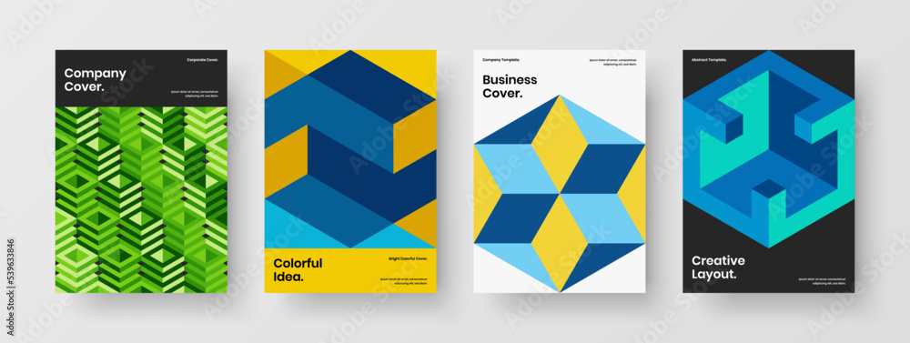 Bright company identity A4 design vector illustration bundle. Unique mosaic shapes postcard template set. Bright company identity A4 design vector illustration bundle. Unique mosaic shapes postcard template set.
